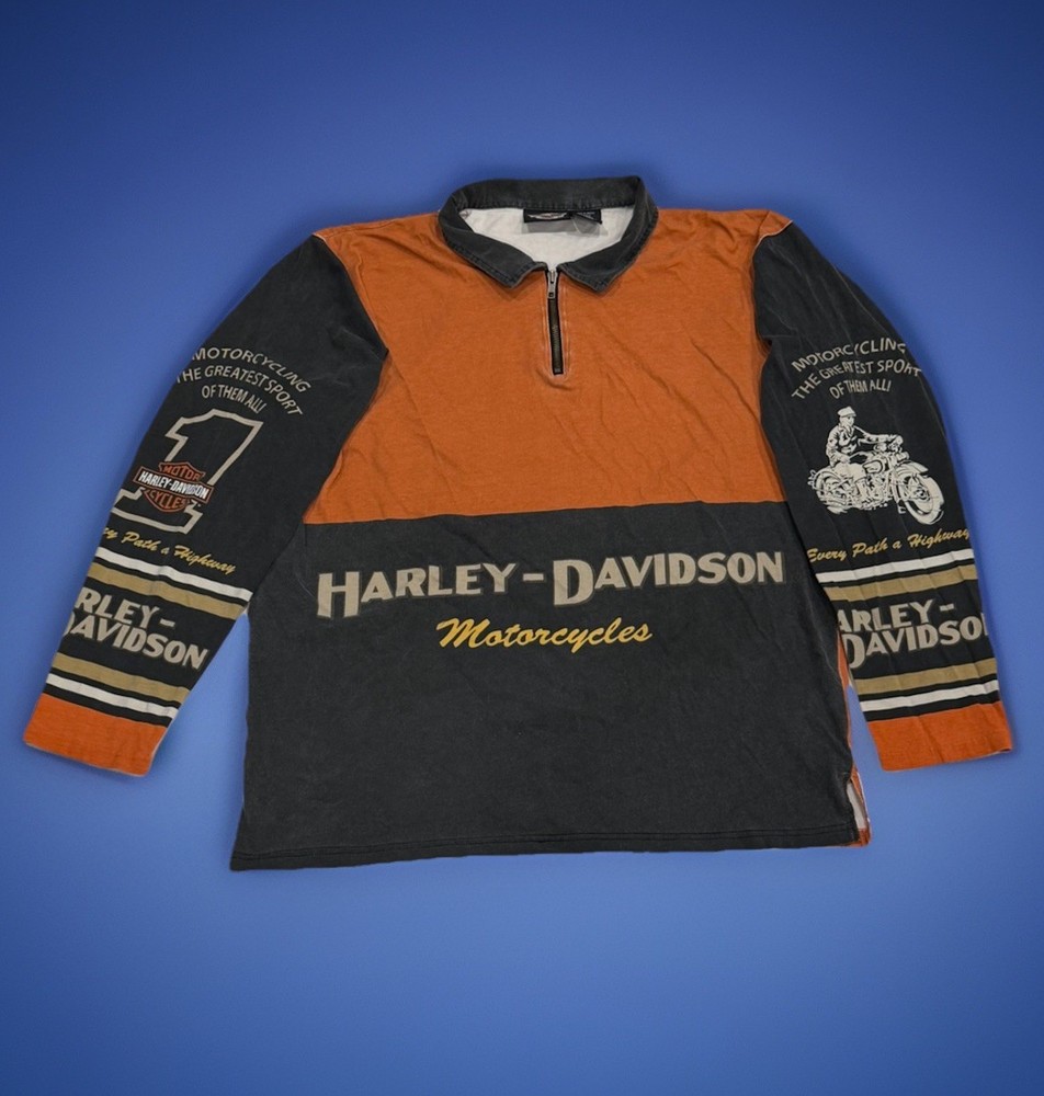 VTG Harley Davidson 1/4 Zip Collared Long Sleeve Size L Y2K Biker Streetwear
