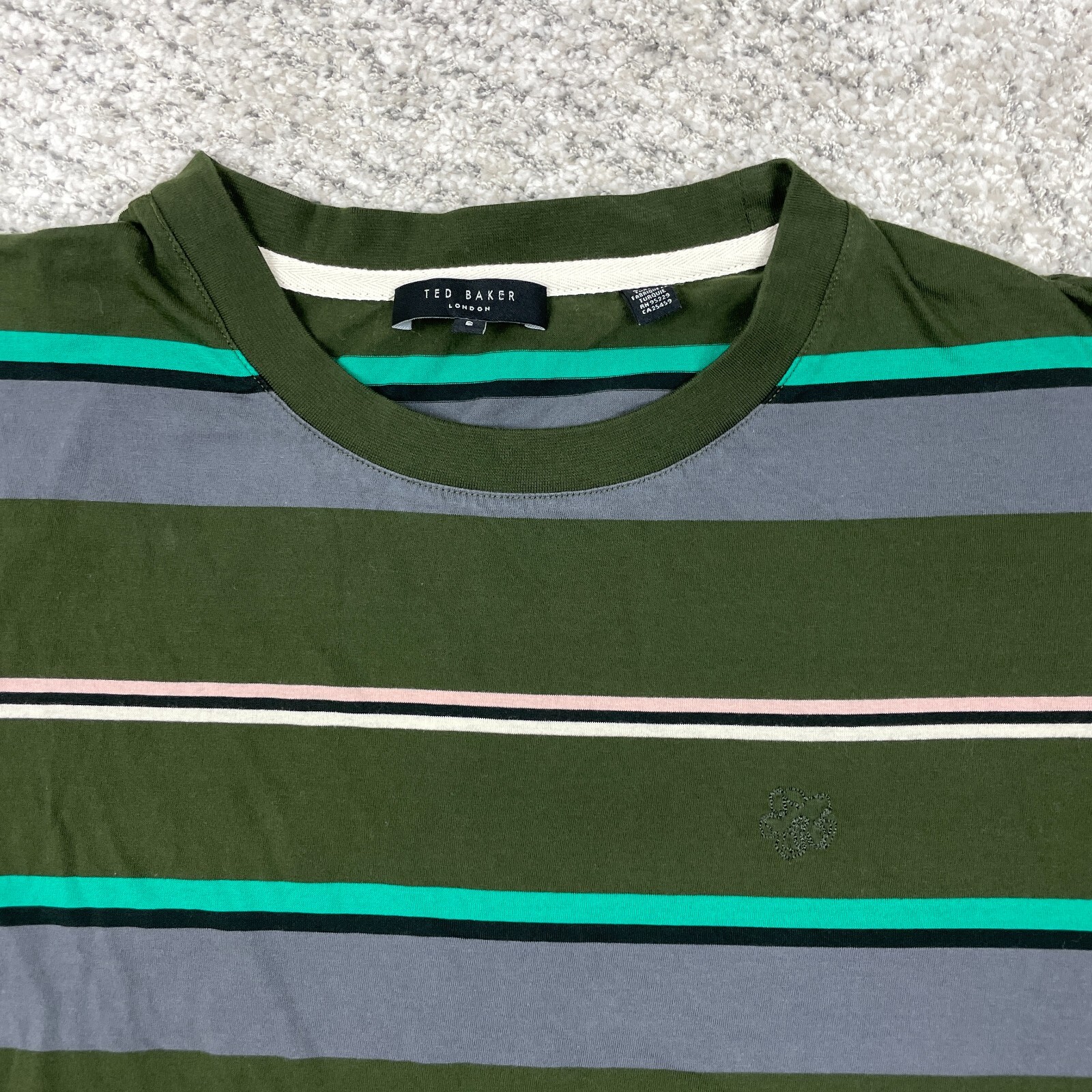 Ted Baker T-Shirt Mens Short Sleeve Crew Neck Green Gray Stripe Tee Logo GUC gallery
