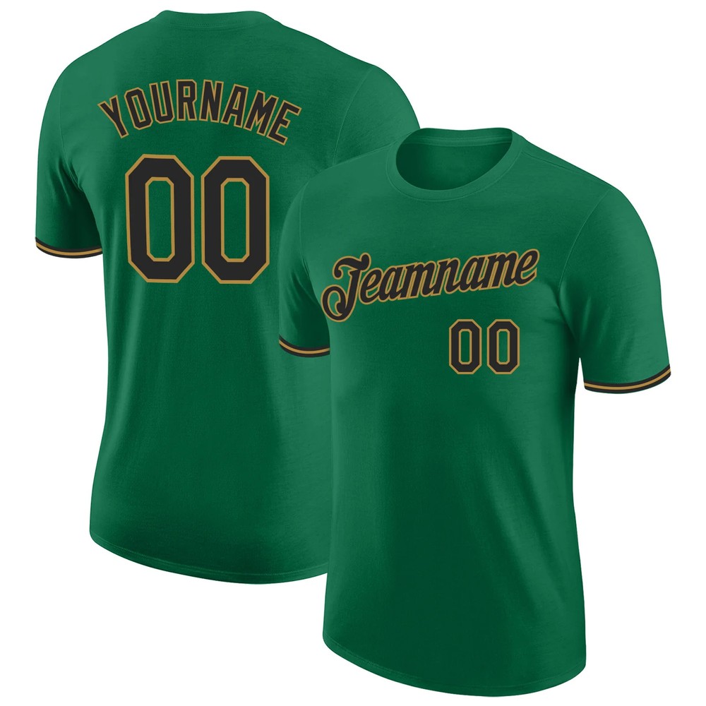 Custom Kelly Green Black Old Gold Performance T-Shirt Mens Sport Graphic Gift