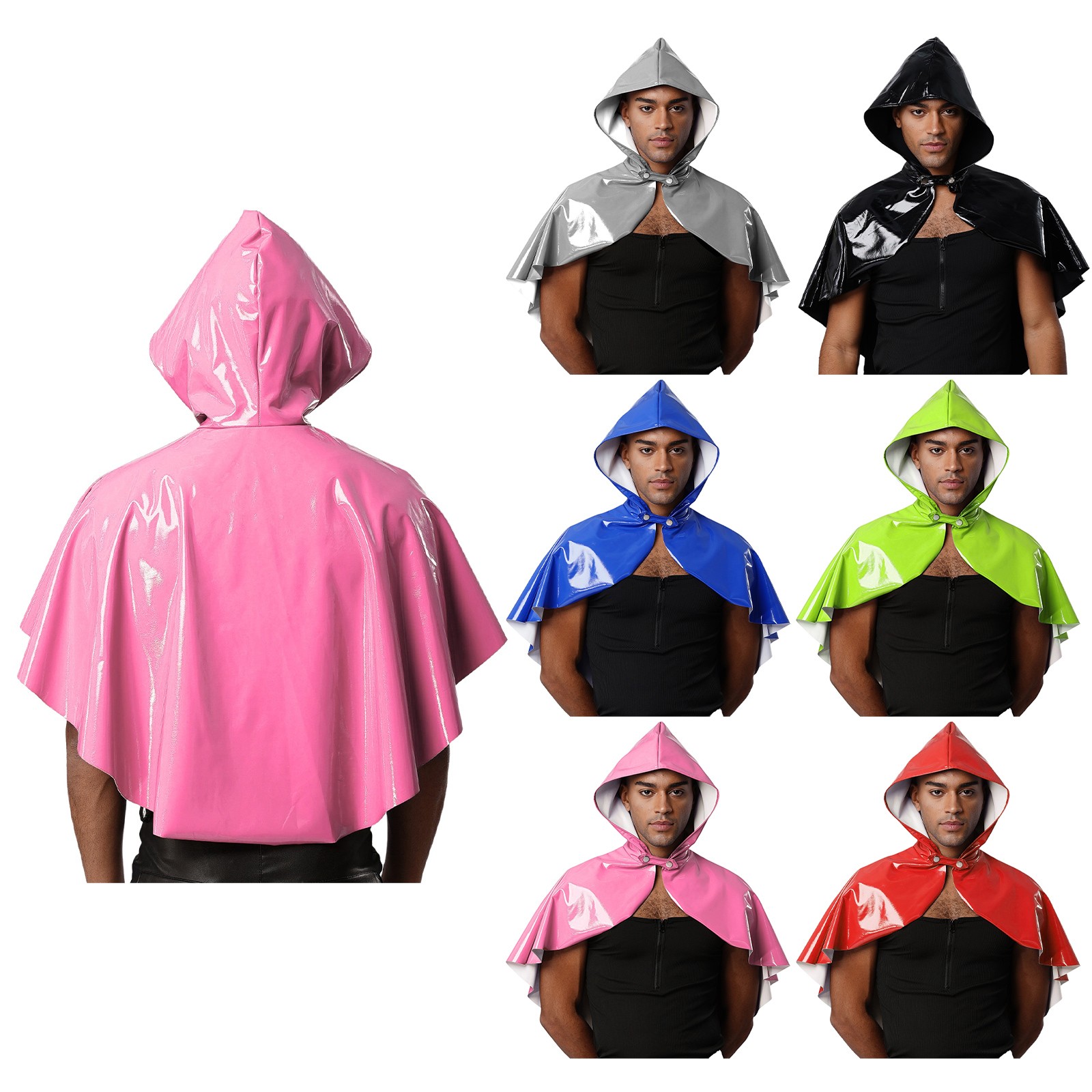 Men Wet Look Hooded Cloak Cape Bolero Steampunk Gothic Cosplay Party Disco Club gallery