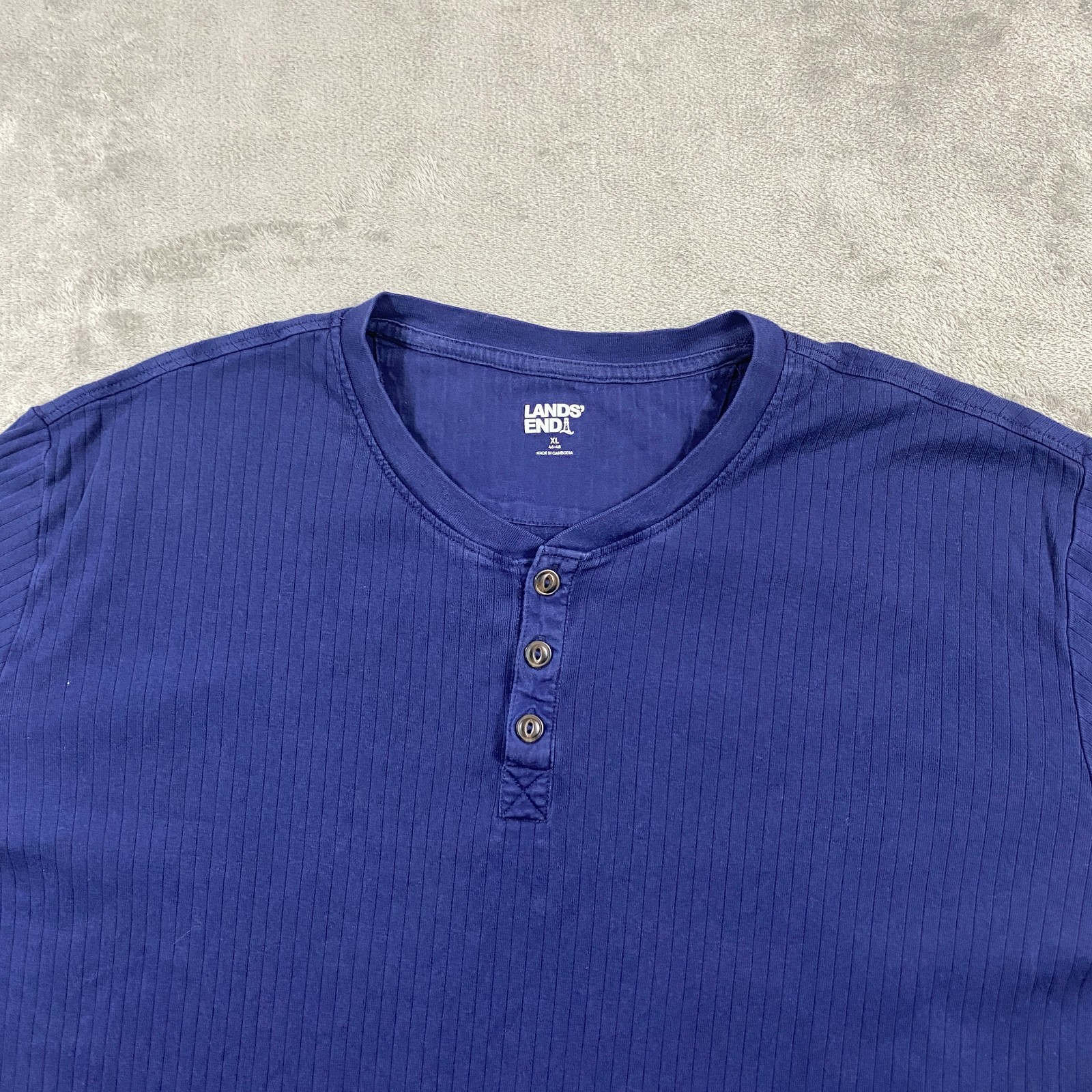 Lands' End Henley Shirt Men's XL Navy Blue Long Sleeve Vertical Rib Knit Cotton gallery