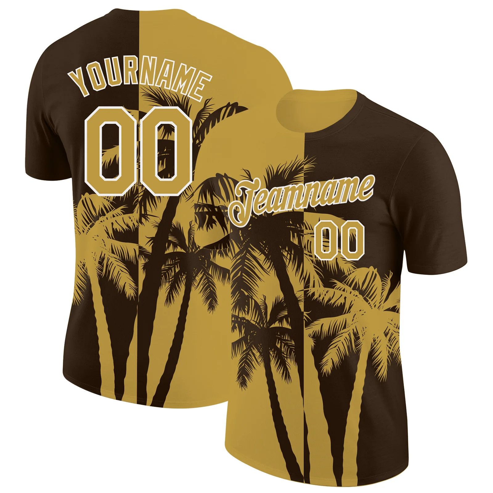 Custom Brown Old Gold White Hawaii Palm Tree T-Shirt Tropical Summer Beach Men