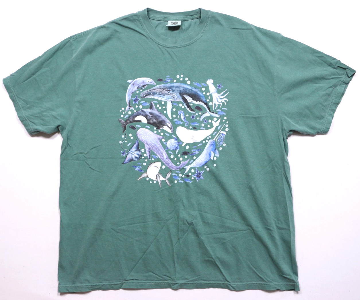 Comfort Colors Whales of the World Sea Life Aqua Green Graphic Tee 2XL Cotton