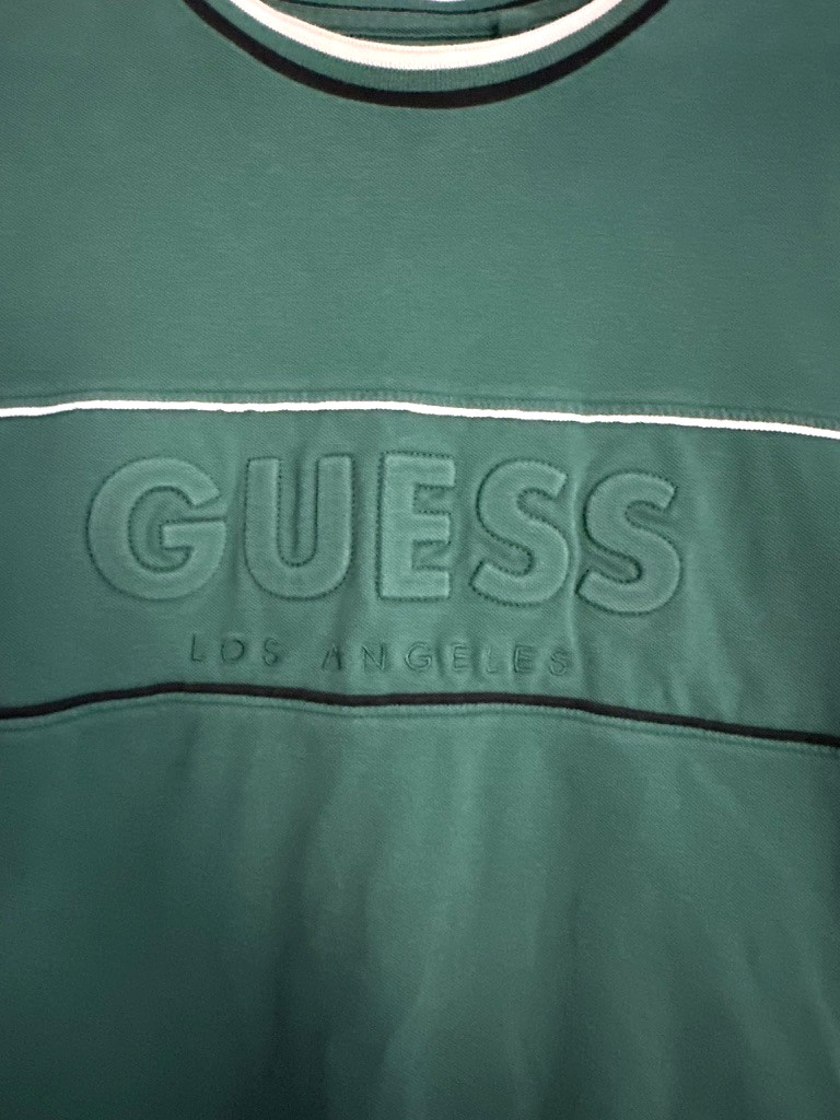 Guess Los Angeles Men's XL Green Tonal Logo Tee Tipped Ribbed Cuffs Vtg gallery