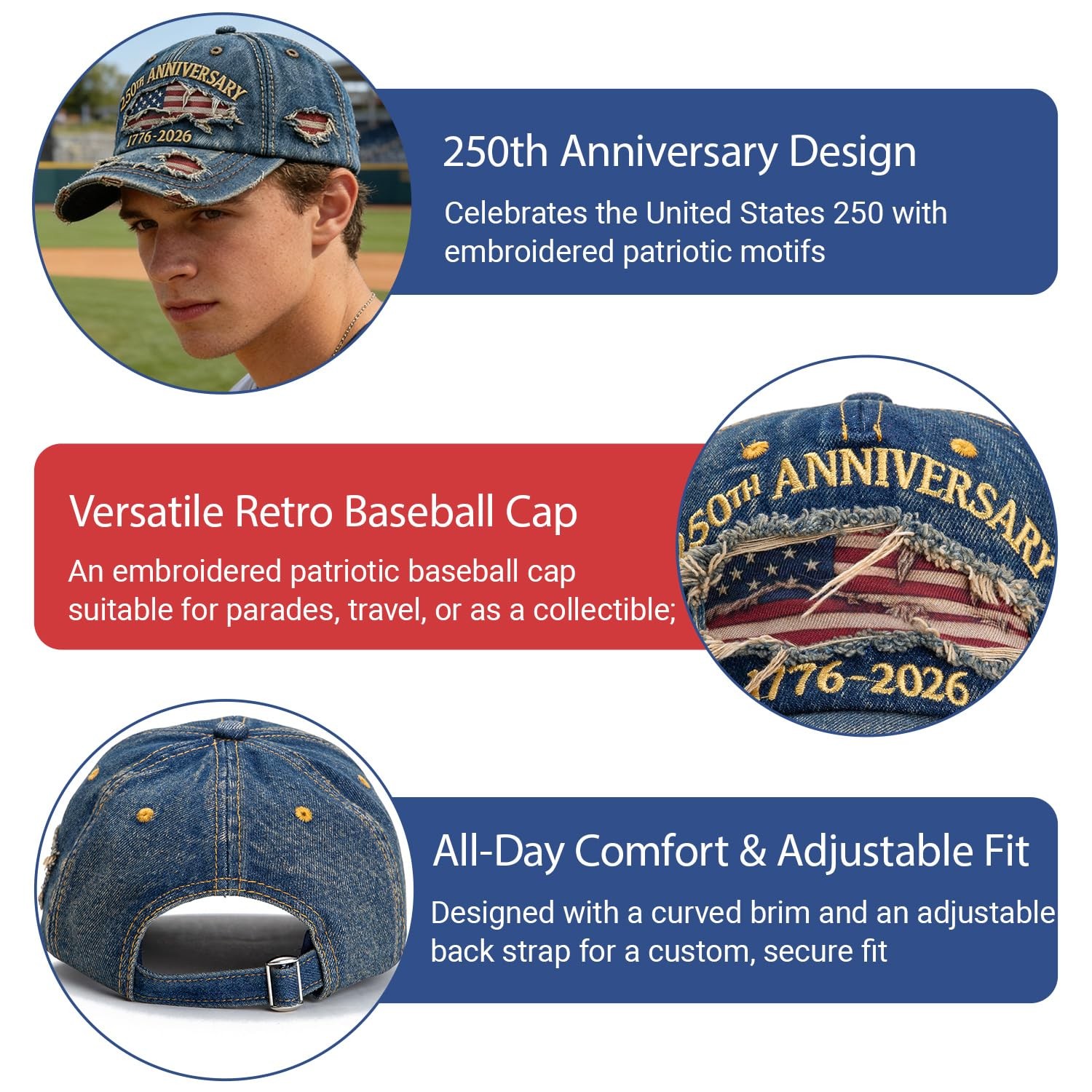 250 Anniversary USA Hat - Retro Embroidered America 250 Hat, Patriotic Adjust... gallery
