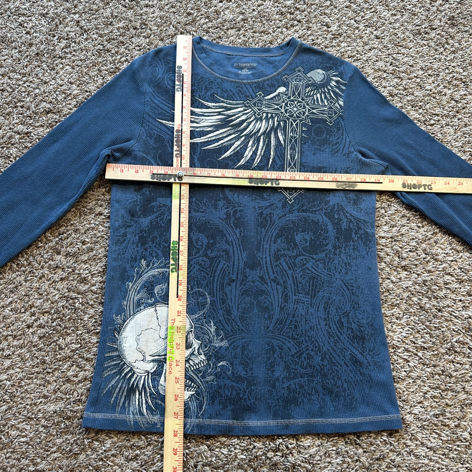 Vintage No Boundaries Thermal Shirt Size L Blue Y2K Skull Cross Wings Cyber Punk gallery