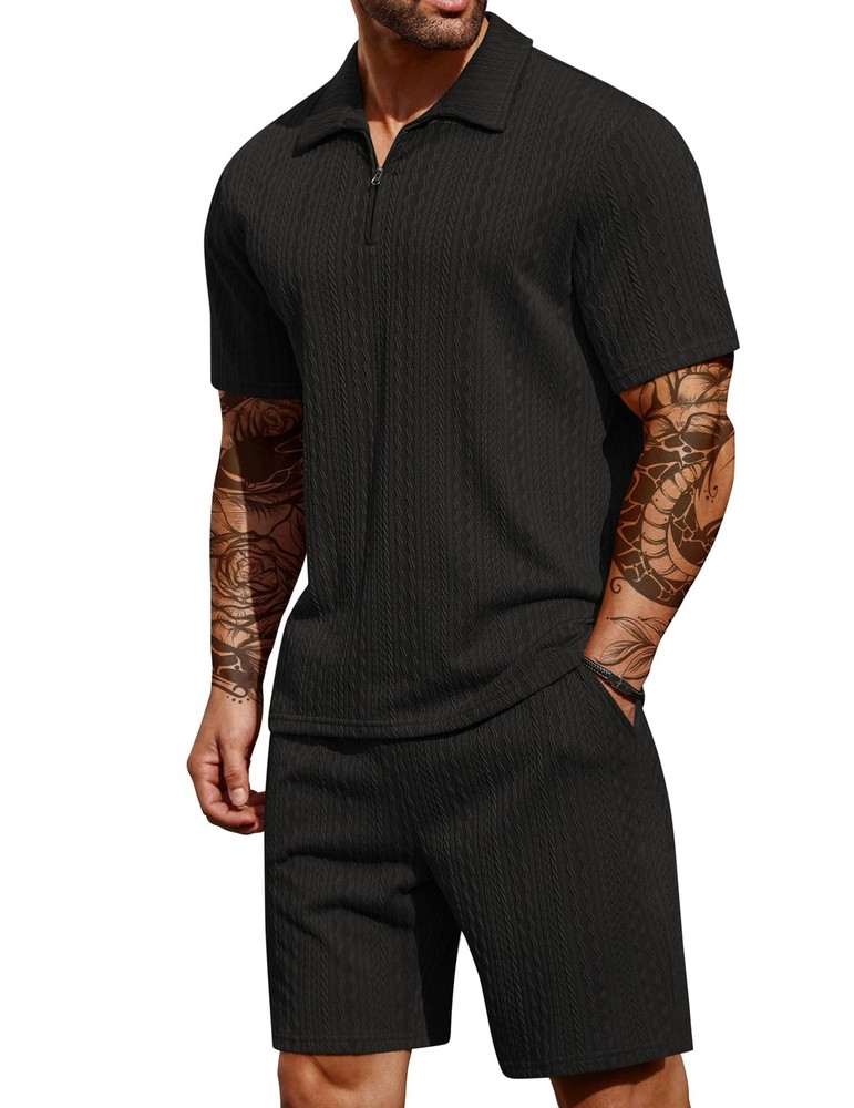Men’s Tracksuit 2 Piece Polo Athletic Sweatsuit Zip Polo and Shorts Sets Shor…