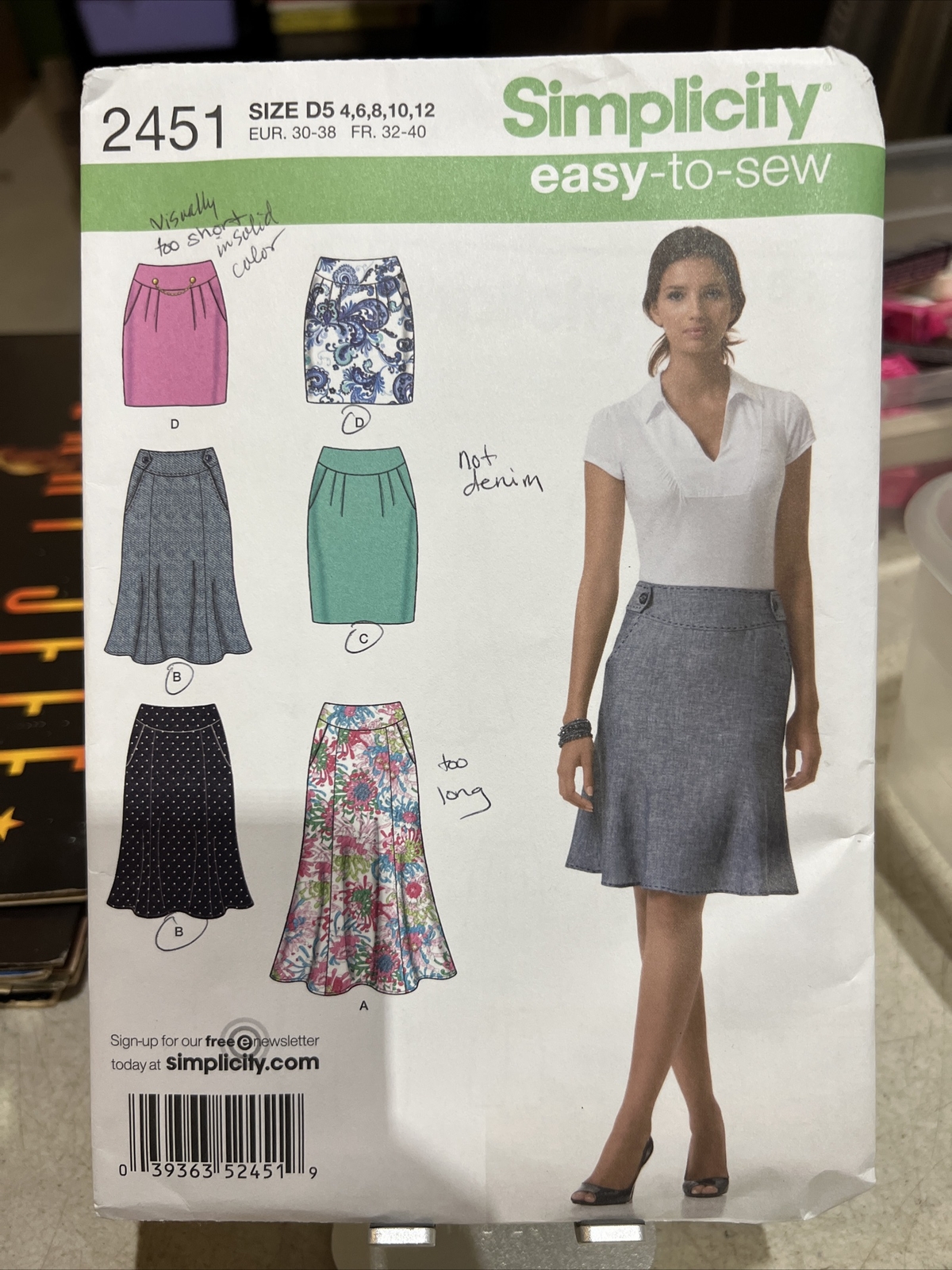 Simplicity 2451, Misses’  Skirts in 2 Lengths, Size D5  (4-6-8-10-12), Beginner