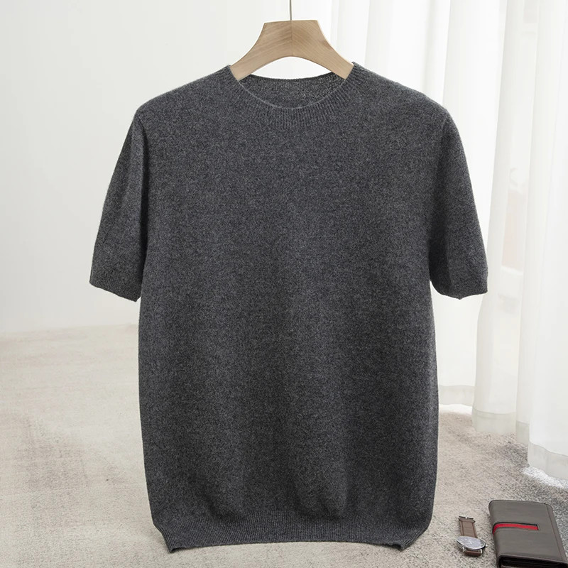 Spring Summer Men's Short Sleeved Pure Wool T-Shirt Sweater O-neck Solid Color L gallery