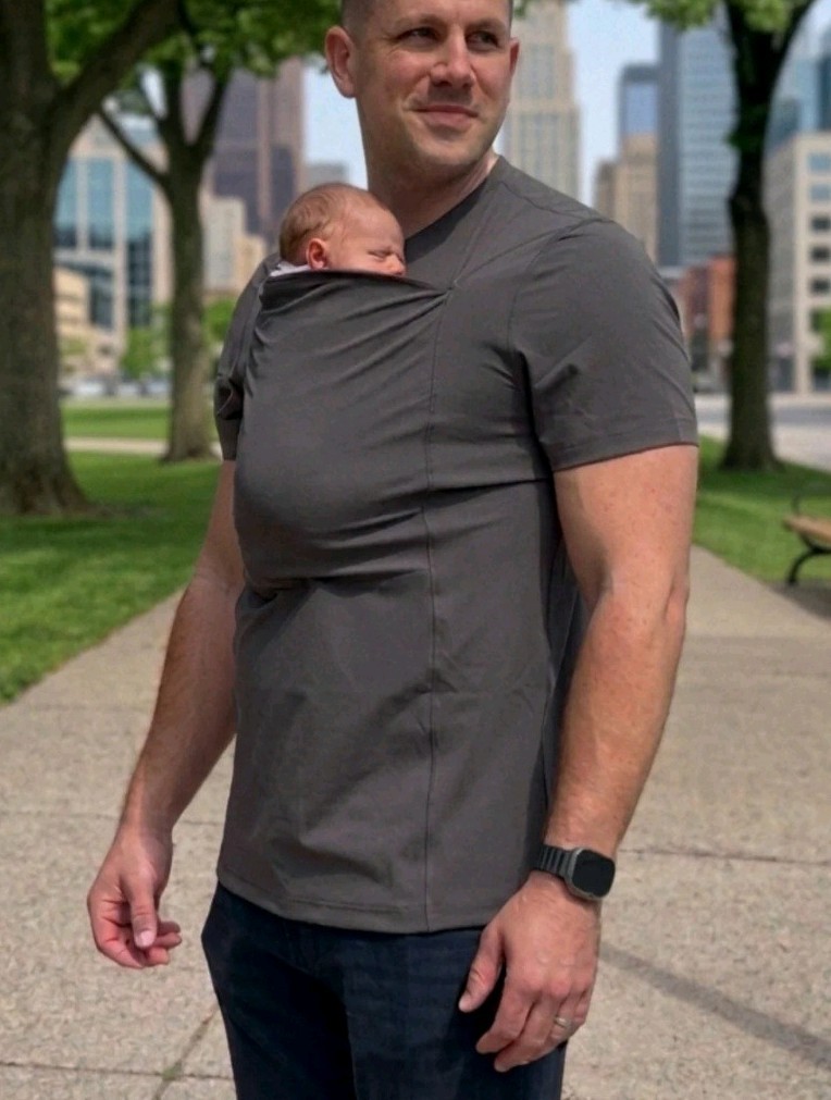 LALABU Dad Shirt Mens Size Large Gray Baby Carrier Soothing Kangaroo Pocket