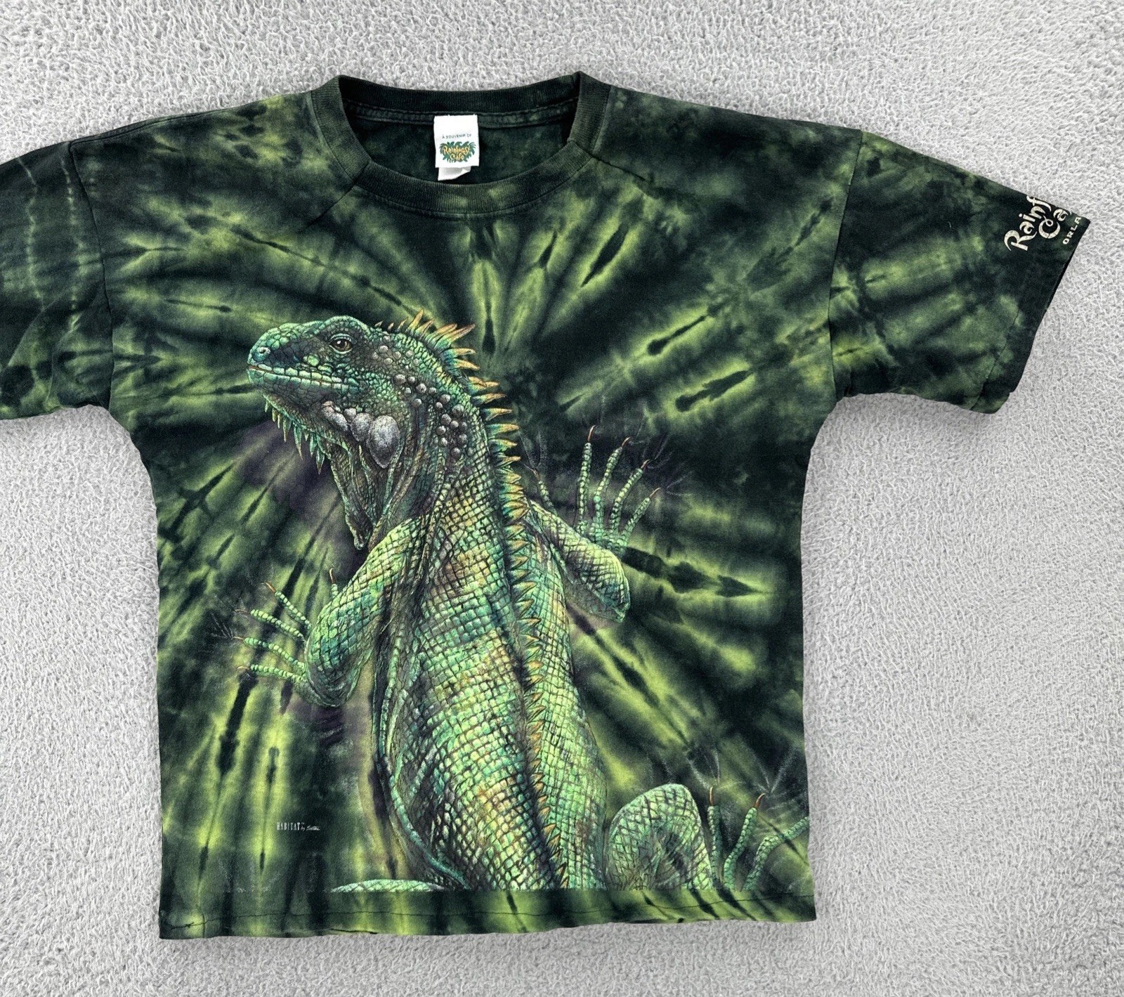 Vtg Rainforest Cafe Adult L Green Tie Dye Iguana Double Sided Graphic Print Tee gallery