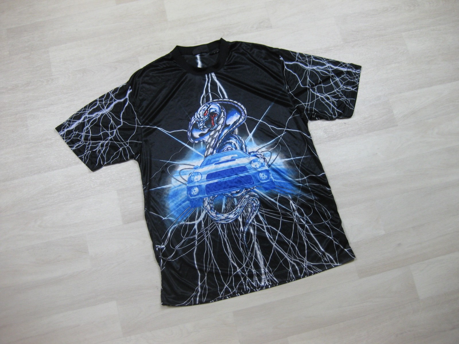 Vintage Y2K No Boundaries AOP Sheer Satin T Shirt Men's (L) Car Cobra Lightening gallery