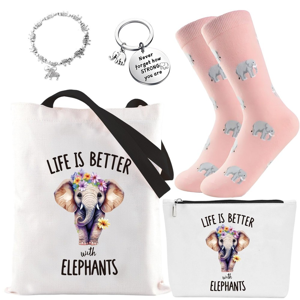 Elephant Gift Set 5 PCS Includes Socks Keychain Bracelet for Elephant Lovers