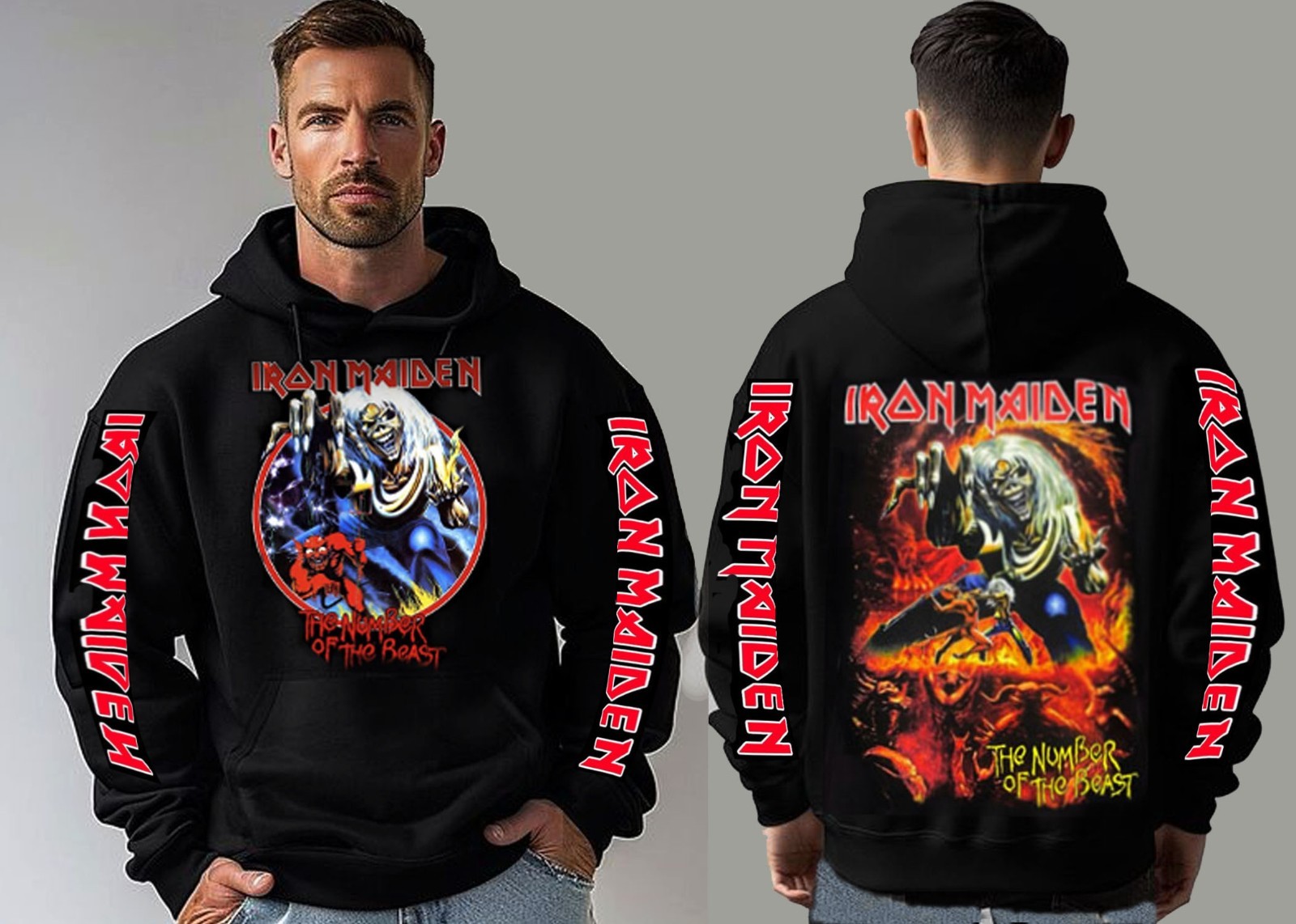 IRON MAIDEN THE NUMBER OF THE BEAST BLK HOODIE FRONT &BACK PRINT PAINTED SLEEVES gallery