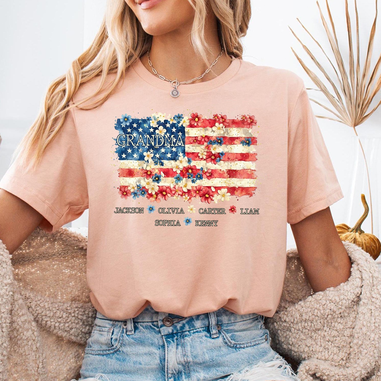 Personalized Grandma Shirt Grandkids Names Floral USA Flag 4th of July Gift Tee gallery