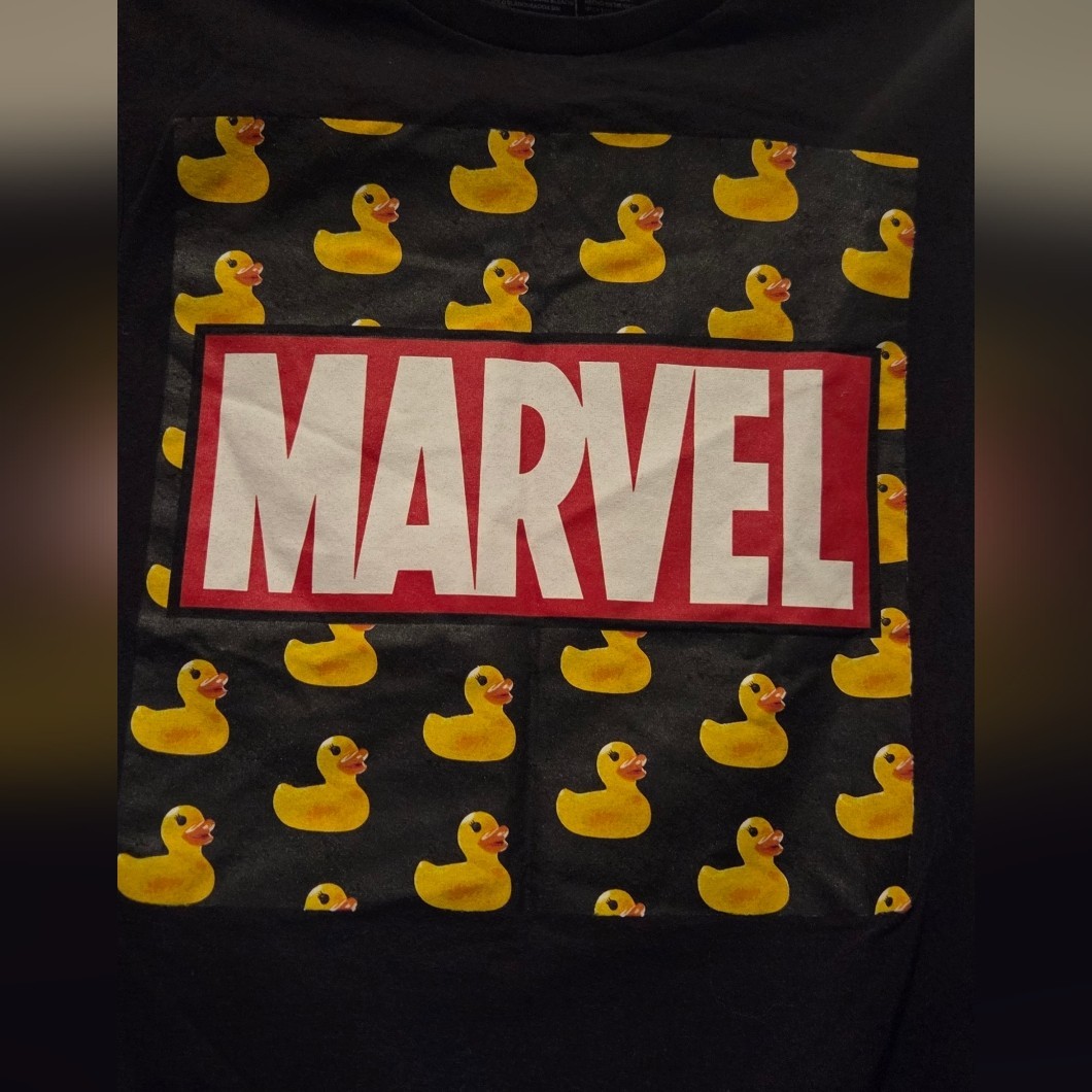 Marvel Black Tee with Yellow Duck Pattern Mens Small GUC gallery