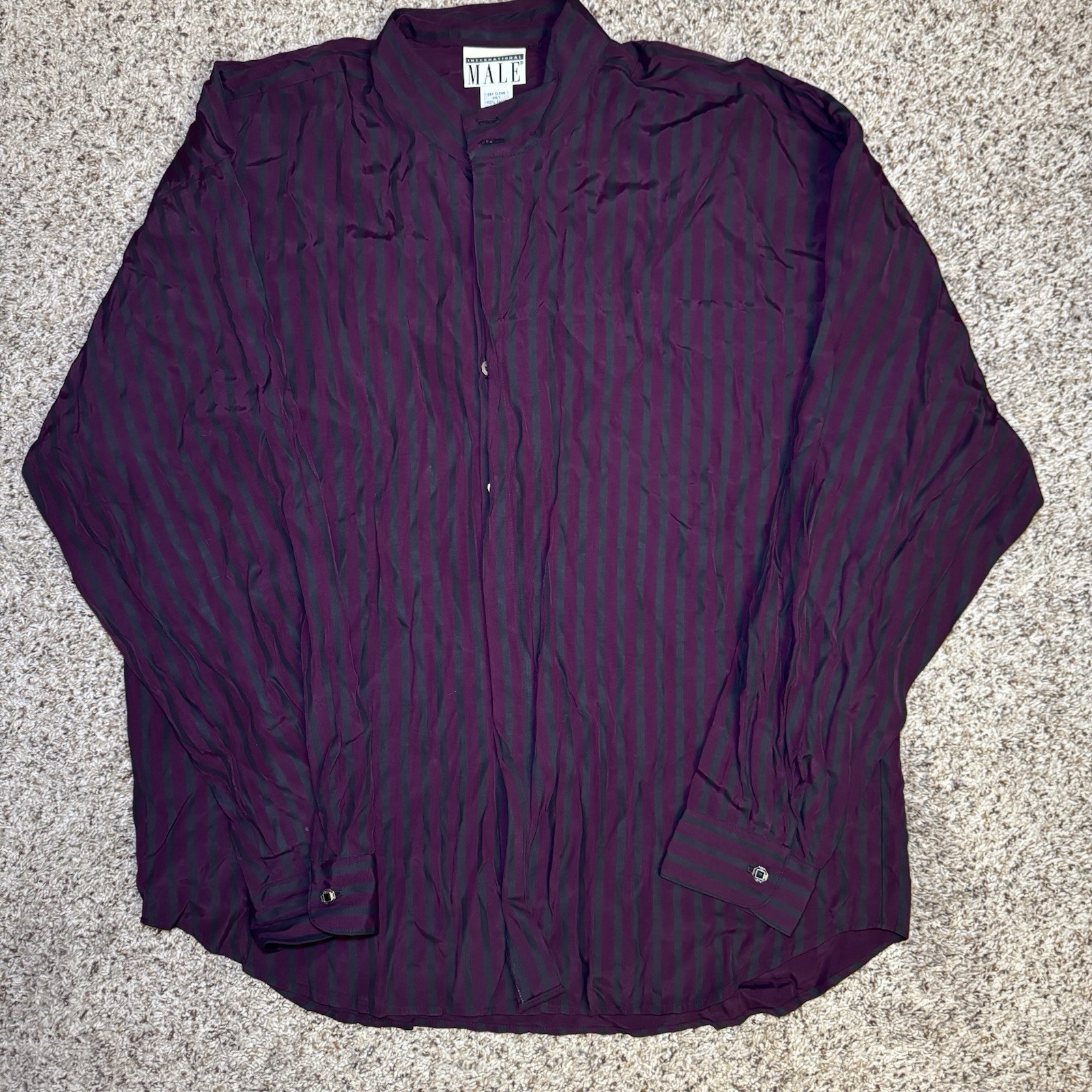 Intl Male Black Satin Stripe Shirt Large Glam Rock Goth Clubwear Vintage 80s gallery