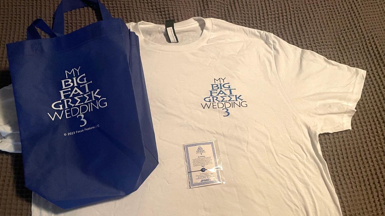 MY BIG FAT GREEK WEDDING 3 t-shirt tote bag EVIL EYE promo pack Nia Vardalos