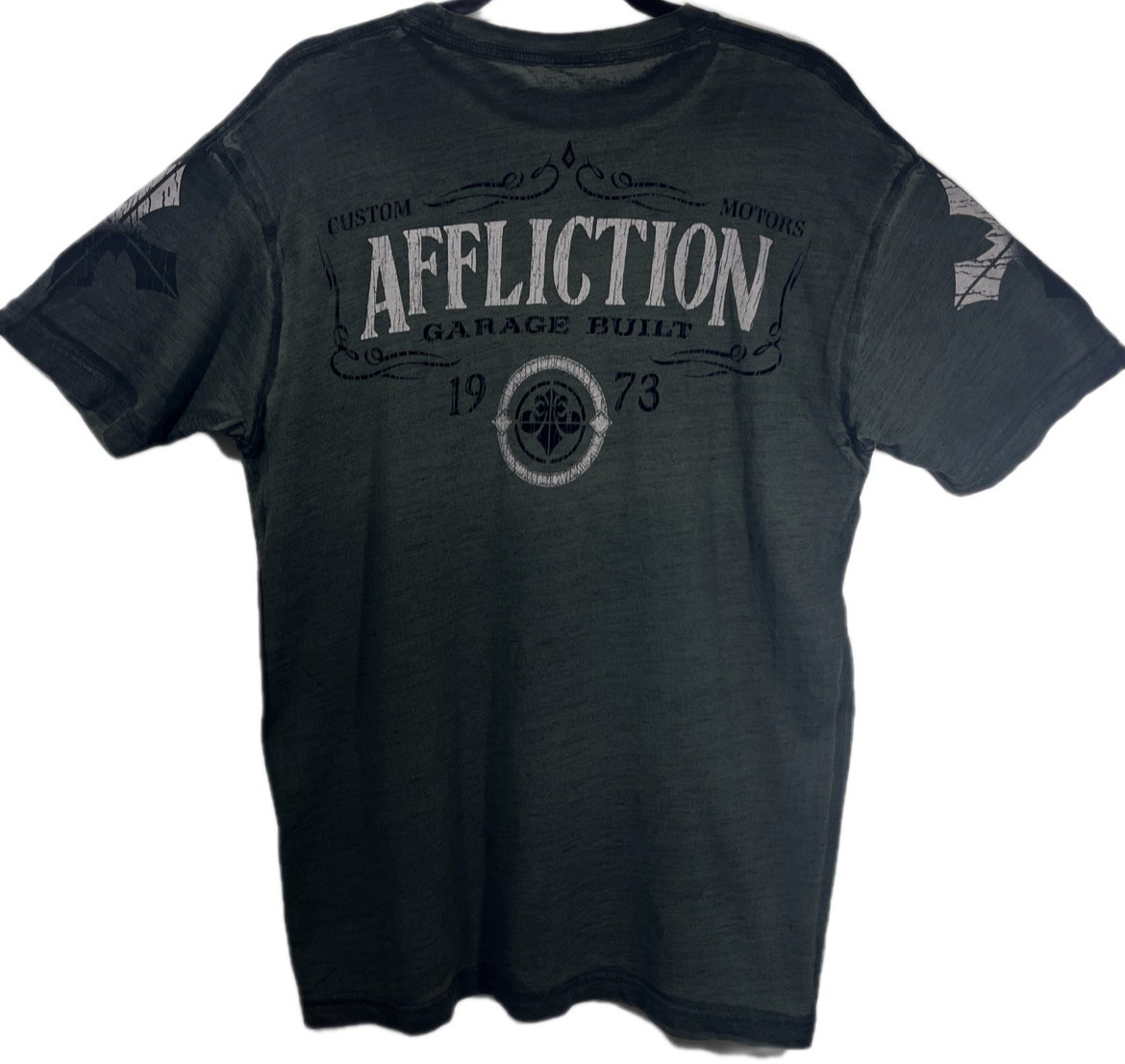 Men's Affliction Military Green Reversible Short Sleeve Shirt Size Large gallery