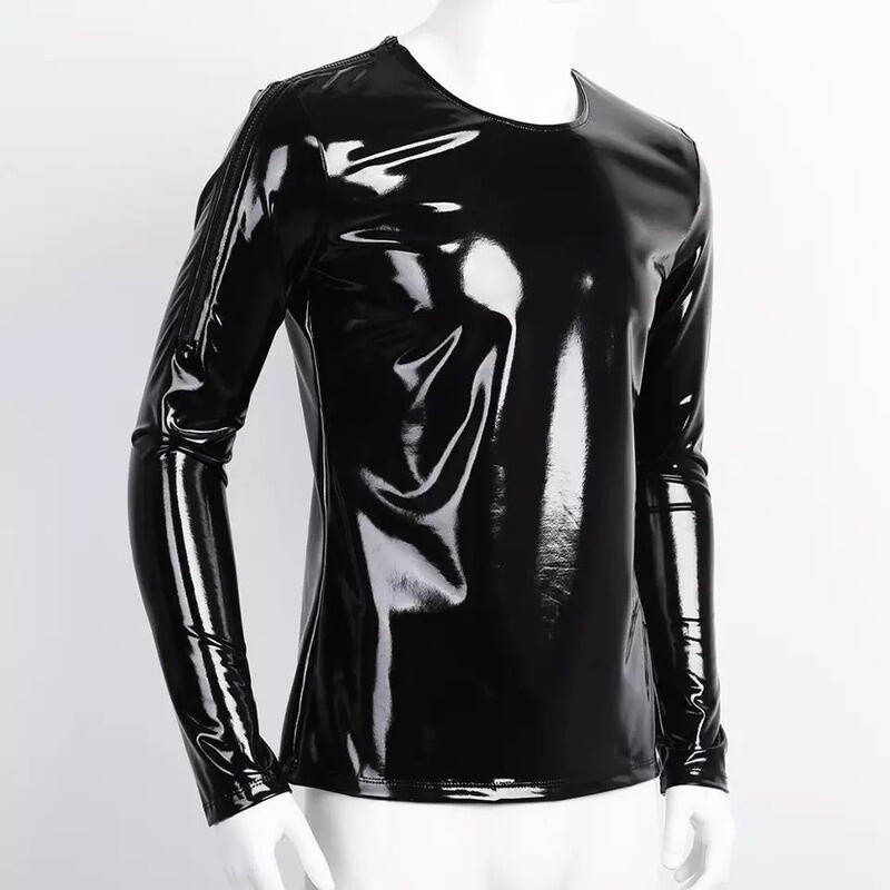 Men Faux Patent Leather Top Shirts Blouse Slim Pvc Shiny Wet Look T-Shirts gallery
