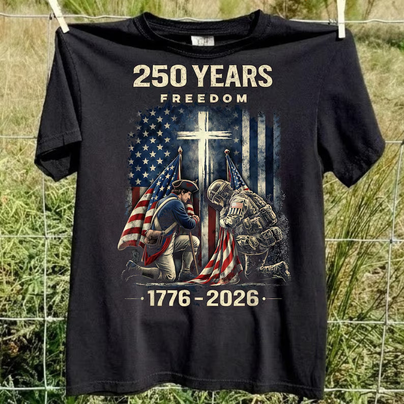 250 Years Freedom Soldiers Cross Flag Shirt, Christian Patriotic Military Tee gallery