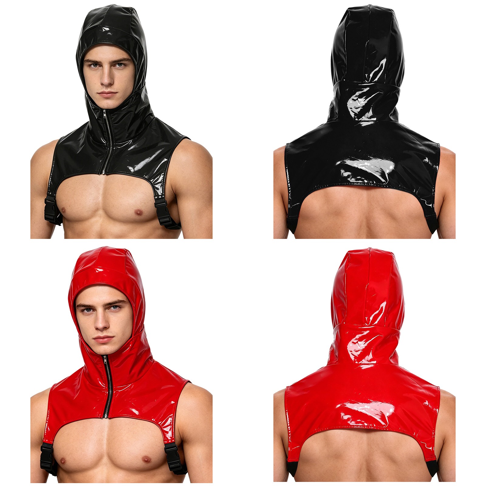 US YiZYiF Mens Leather Headgear Zipper Front Half Tank Tops Shiny Shoulder Armor gallery