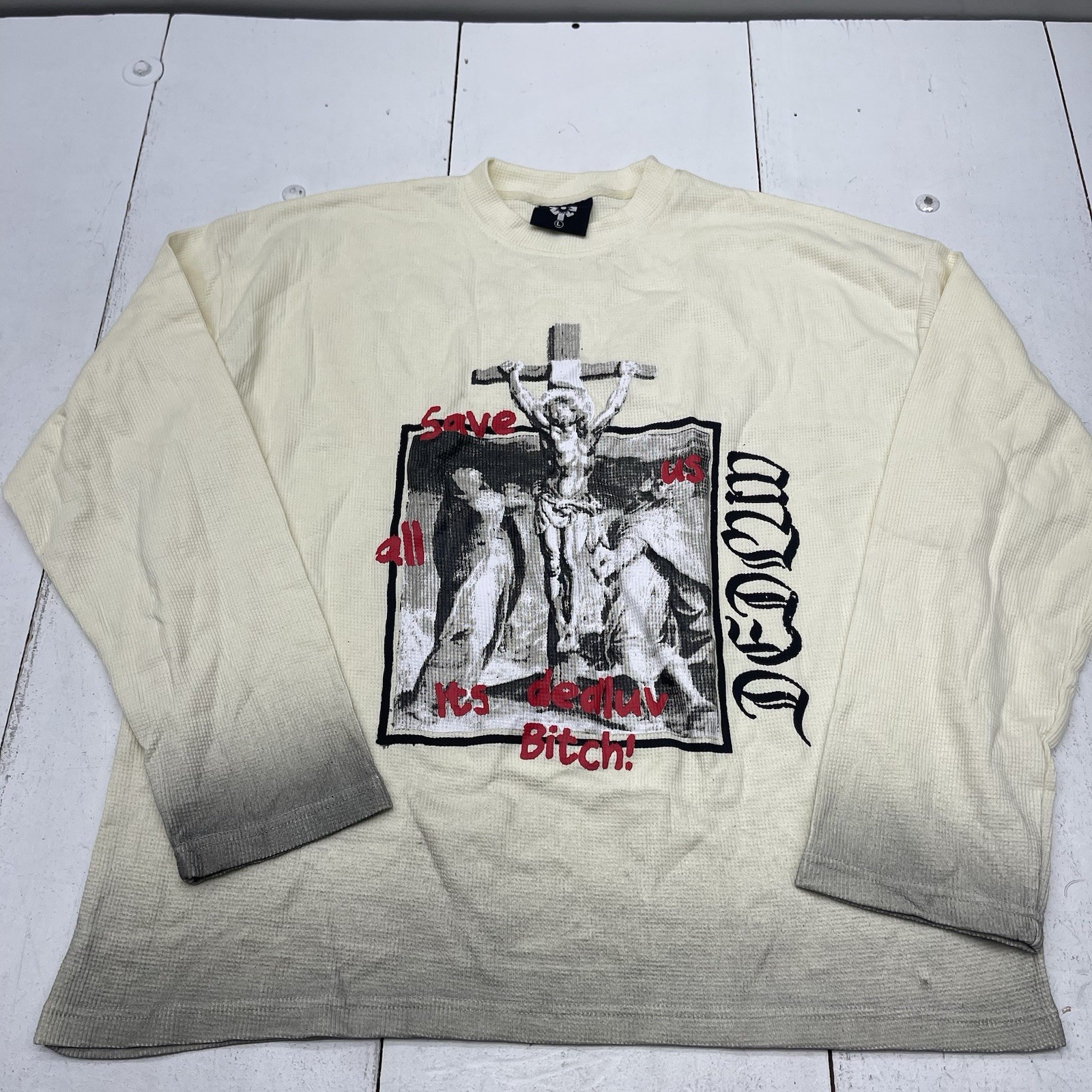 Dedluv Studio Ivory Save Us Long Sleeve Distressed Thermal T Shirt Mens Size L gallery