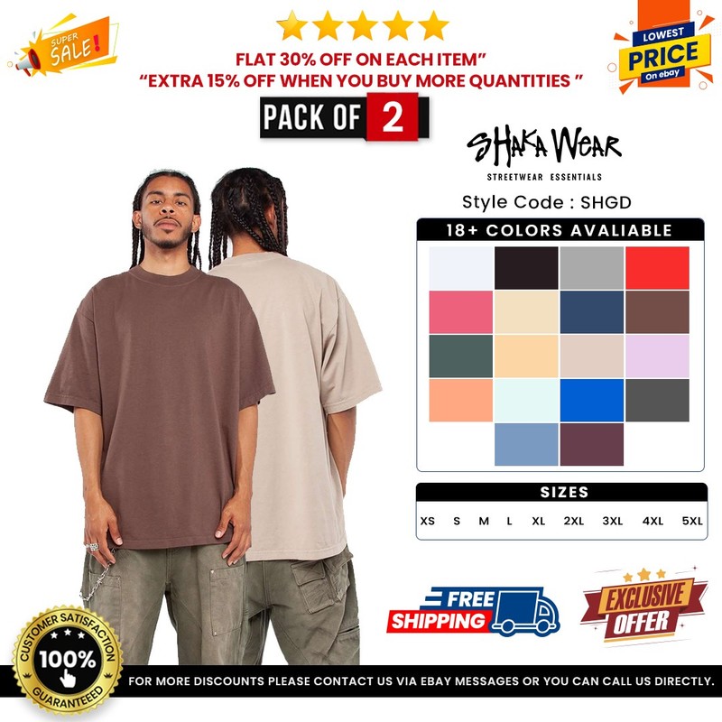 Pack Of 2 Shaka Wear SHGD Unisex Garment-Dyed Crewneck Stylish Plain T-Shirt