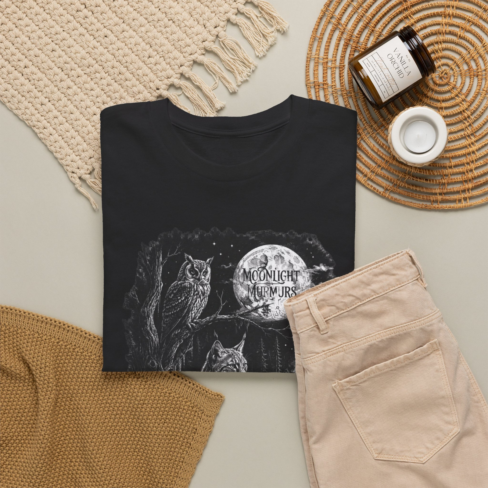 Moonlight Murmurs Owl Lynx Rabbit Forest Graphic T-Shirt gallery