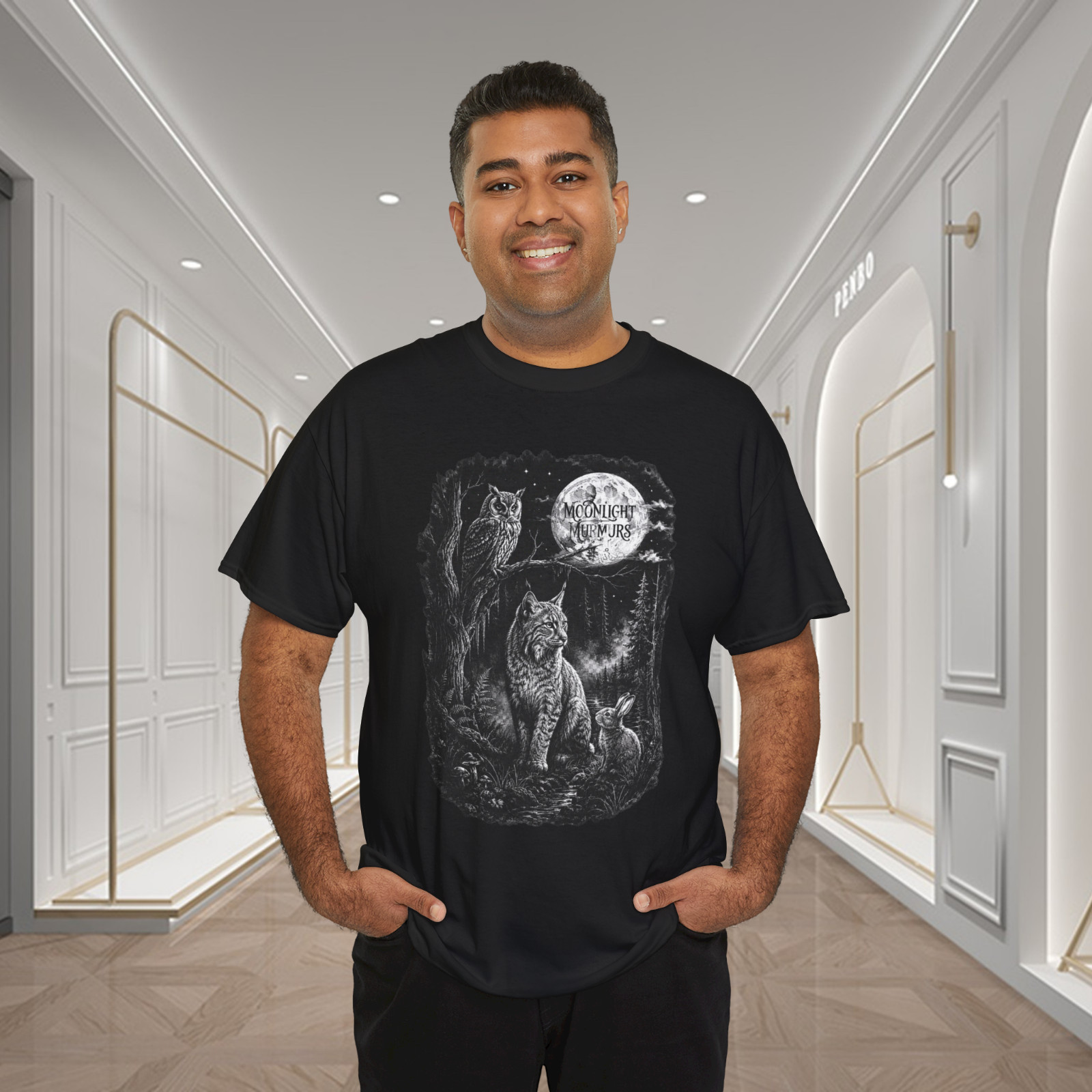 Moonlight Murmurs Owl Lynx Rabbit Forest Graphic T-Shirt gallery