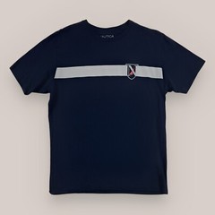 Nautica Navy Blue Gray Striped Short Sleeve Crew Neck T-Shirt Crest Men’s Sz L