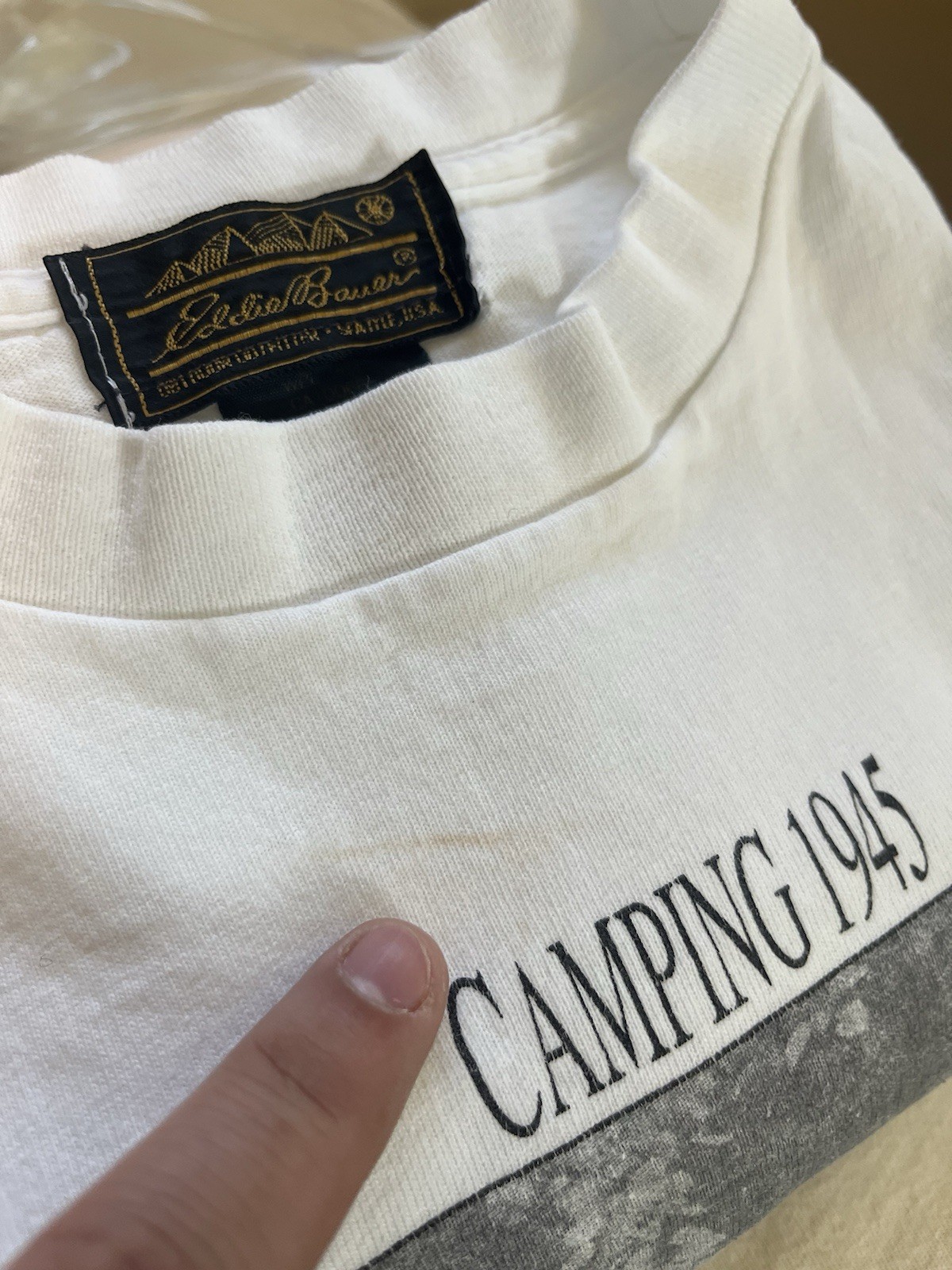 Rare Vintage Eddie Bauer Camping 1945 Graphic Tee Shirt USA White Size Large gallery