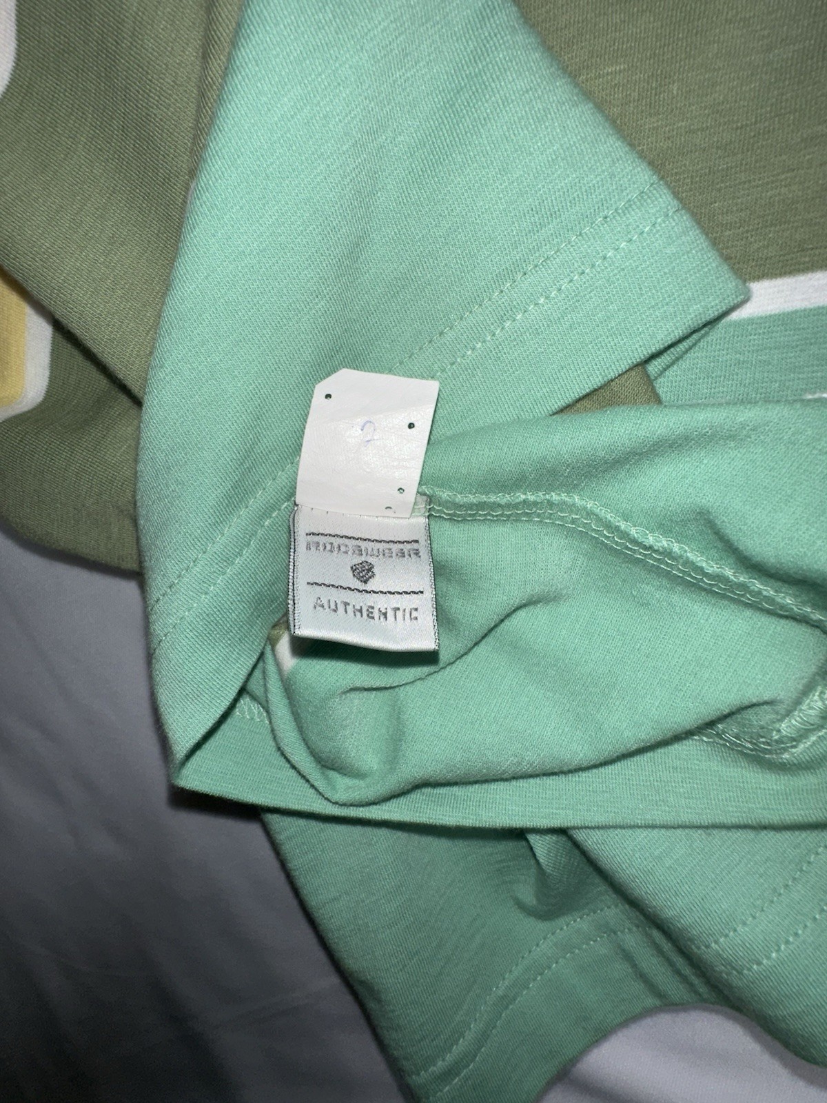 Rocawear Y2K Green/Yellow/White Striped Logo V-Neck Short Sleeve Knit T-Shirt XL gallery