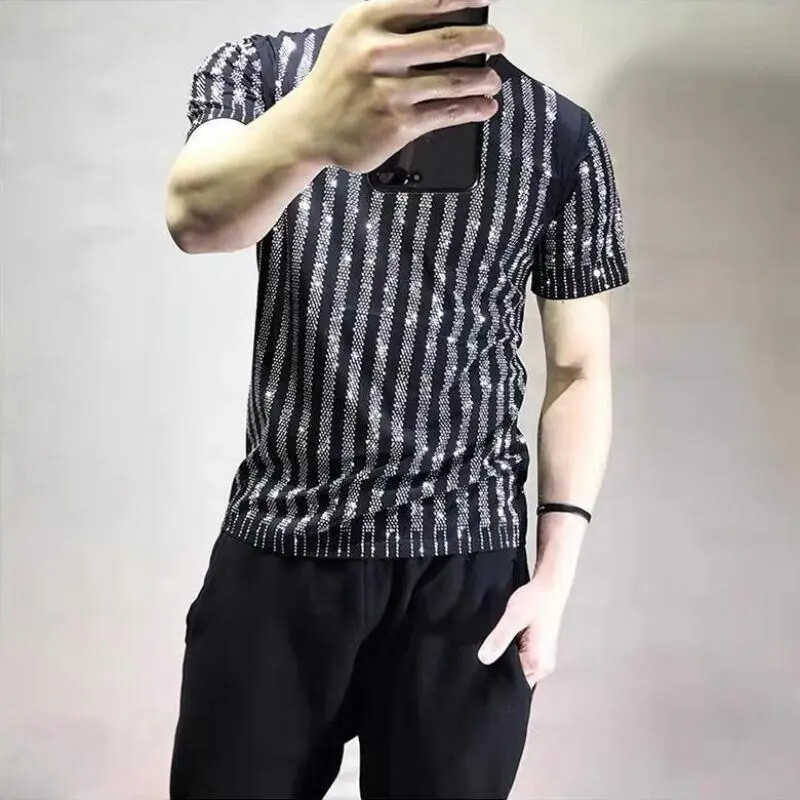 New Men Luxury Diamond Rhinestones Fashion Black T-Shirt High Quality gallery