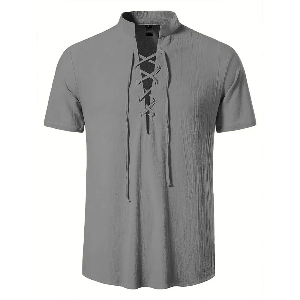 Men's Retro Cotton Linen Shirt Stylish Pirate V-neck S-XXL Trendy Comfy Gift Tee gallery