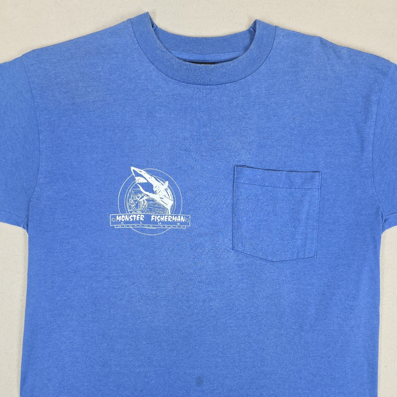 Vintage Monster Fisherman Shirt Mens Large Blue Huston Texas Club Shark Jaws gallery