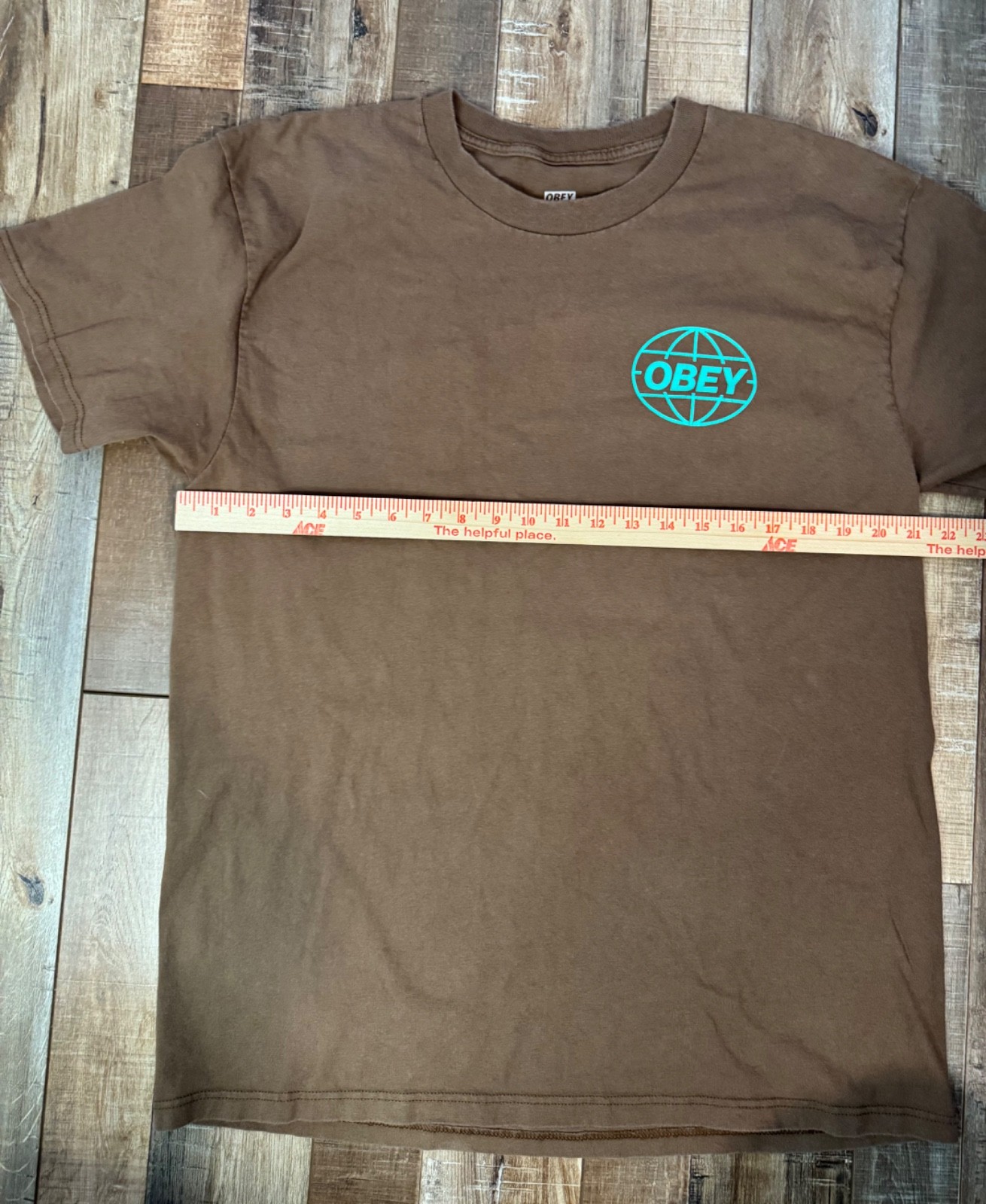 Obey Worldwide Brown Short Sleeve Men's T-Shirt Blue Teal Green Logo Size Large gallery