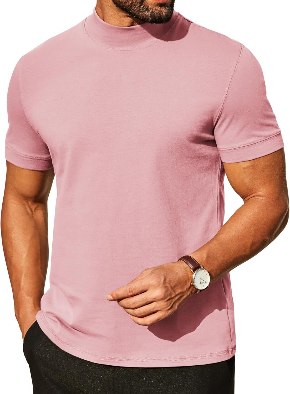 Mens Premium Cotton Short Sleeve Mock Turtleneck Half Neck Basic Tee Casual Fit gallery