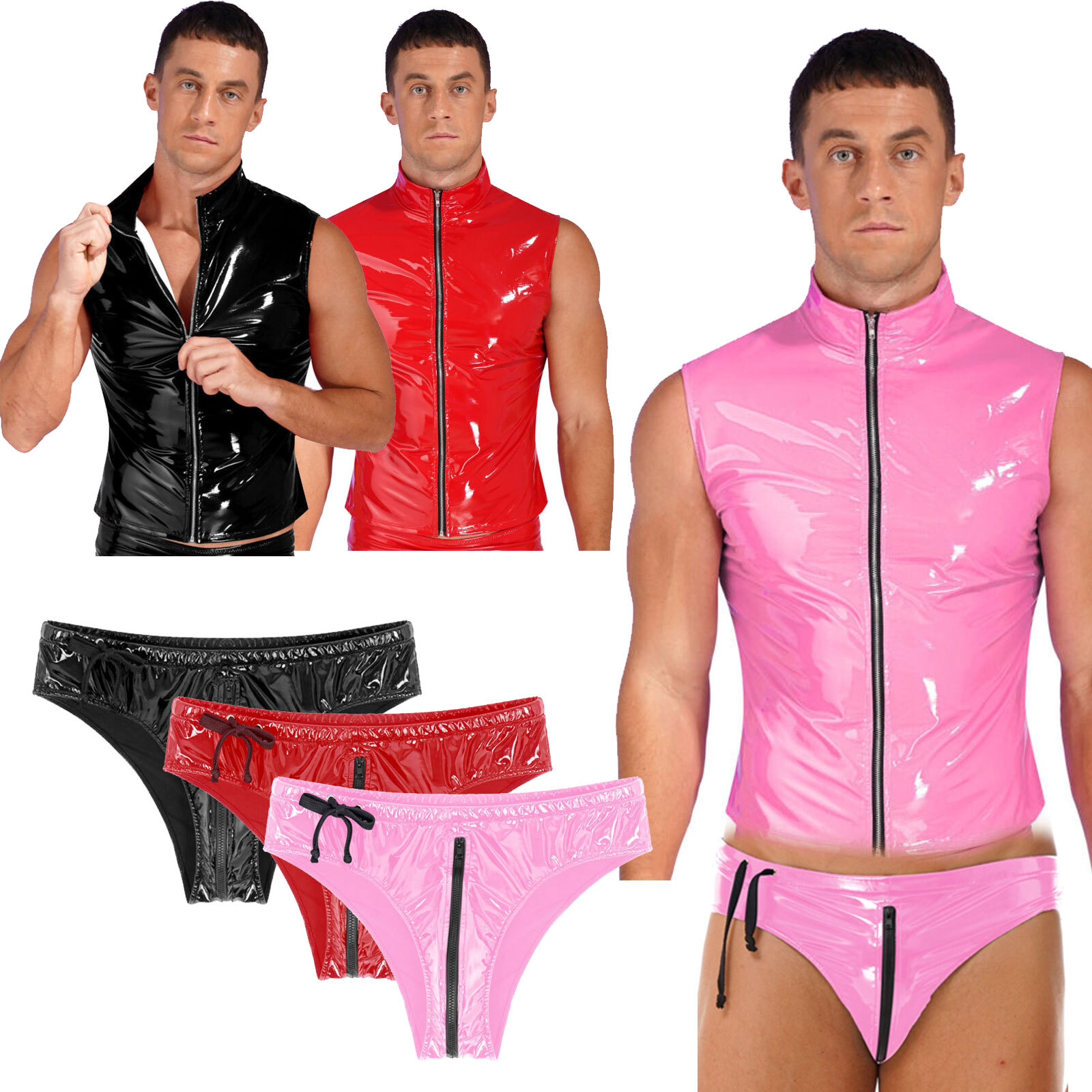 US Mens Wet Look Zipper Sleeveless Waistcoat T-Shirt Moto Biker Punk Tops Shorts gallery