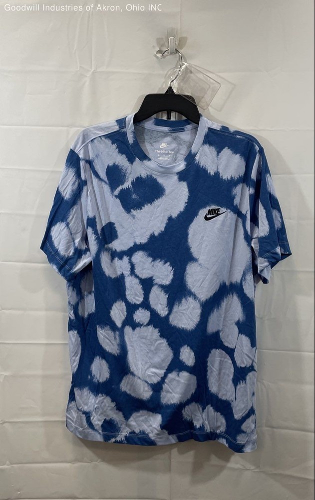 Nike Men’s Blue White Cloud Tie Dye Swoosh Logo Graphic Crewneck T-Shirt XL