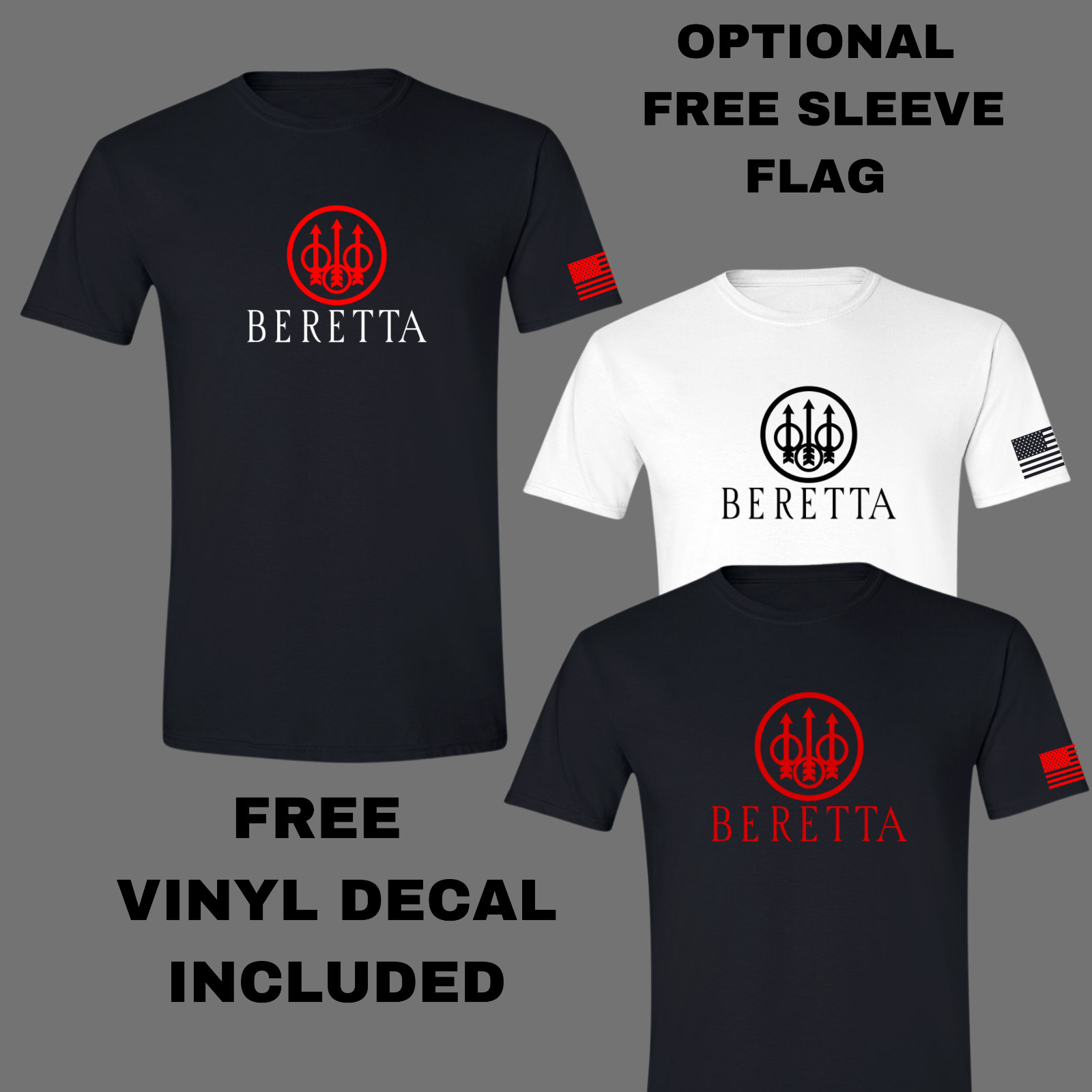 BERETTA Firearms Soft Style Gun T-Shirt. FREE Decal. FREE Optional Sleeve Flag