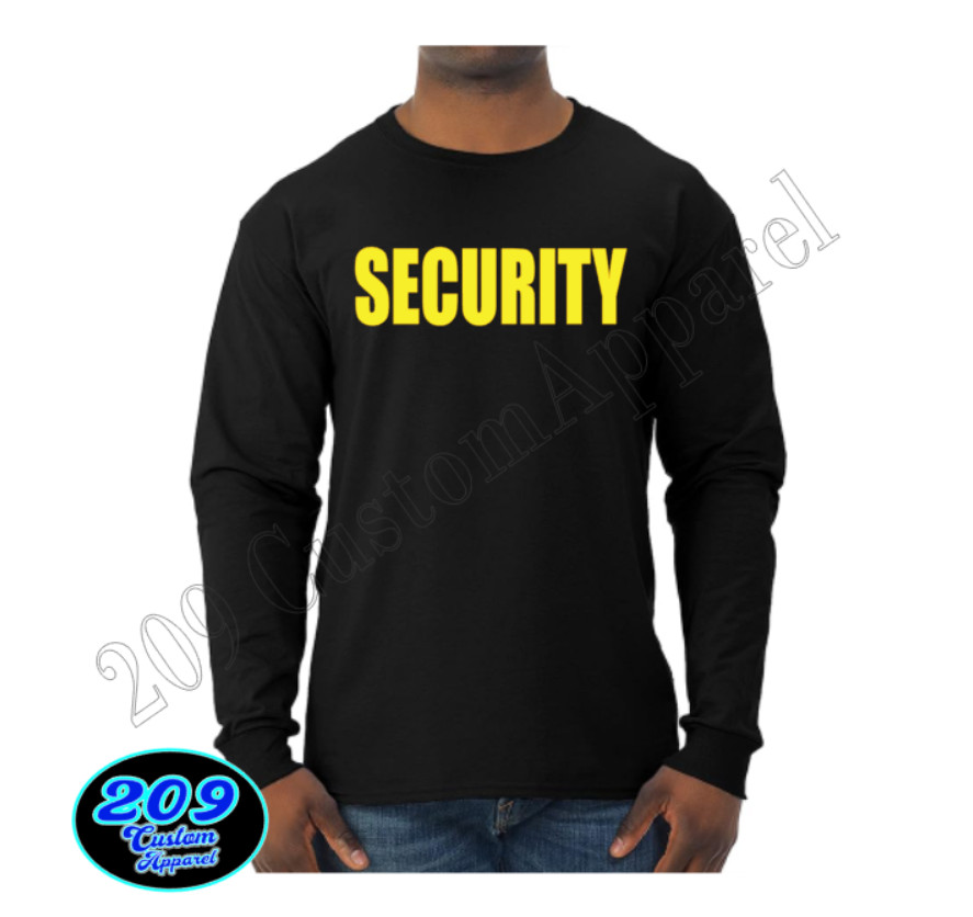 Long Sleeve Security T-Shirt Black Tee Staff Club Event Uniform White/Yell Print gallery