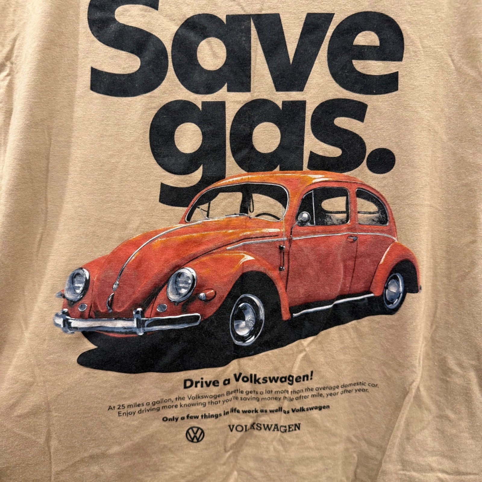 Volkswagen Save Gas Drive a VW Beetle Graphic T-Shirt Tan Mens Medium gallery