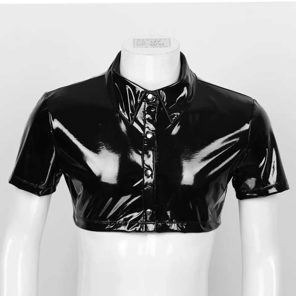 Crop Tops Blouse M-3XL Mens PU PVC Shiny Shirt Short Sleeve Slim Summer gallery