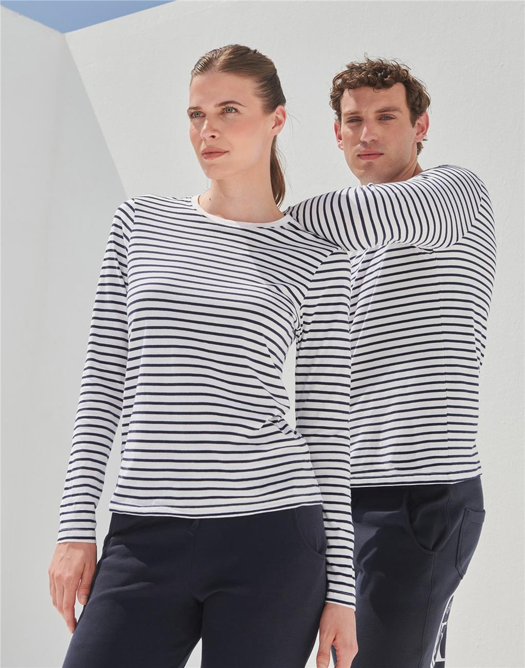 Breton Striped Long Sleeve Crew Neck T Shirt Casual Cotton Tops Men Women gallery