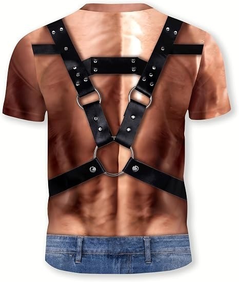 Funny 3D Leather Harness T Shirt Men Fake Six Pack Abs Muscle Body Rave Gag Gift gallery