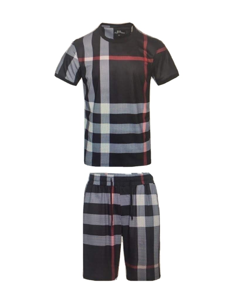 Men's Italian fashion Black/gray Short Sleeves T-shirt/short Set squared/striped gallery