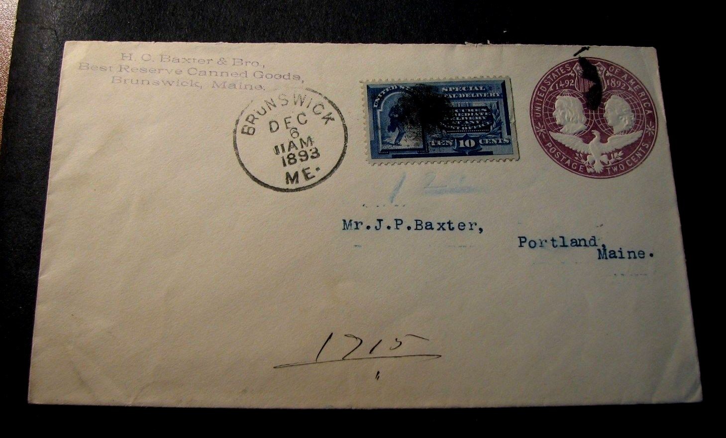 Old Postal Covers Brunswick, ME Dated 1893 with E2 Special Del Stamp & U349 L210