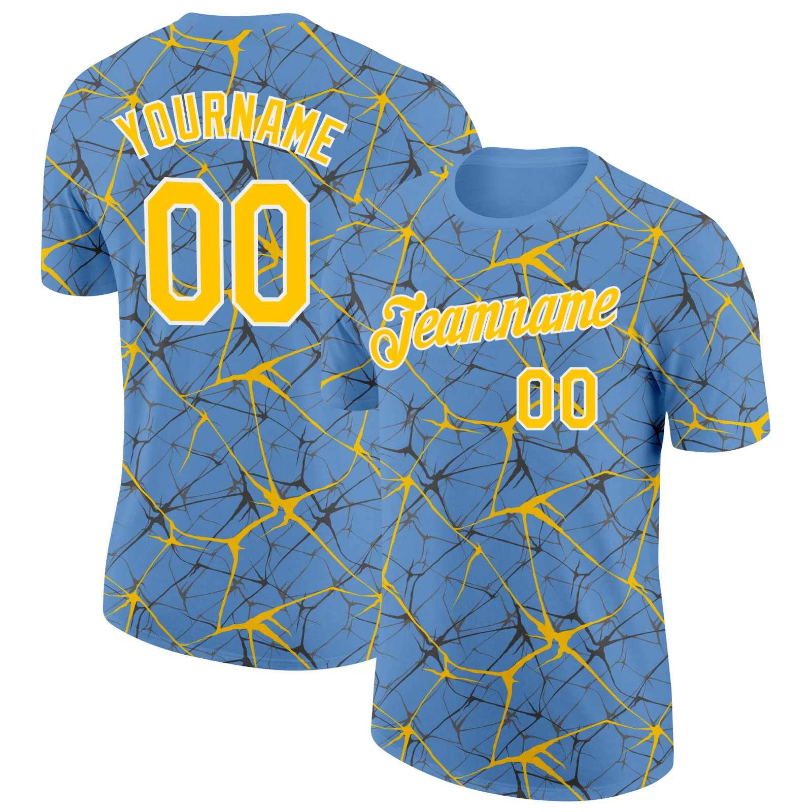 Custom Light Blue Yellow Abstract Crackle Sports Tee Personalized Jersey