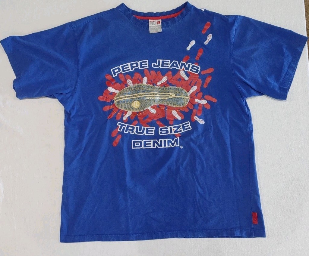 Vintage PEPE JEANS LONDON 2 Sided T-SHIRT "Size Does Matter" Blue Adult Size 3XL gallery